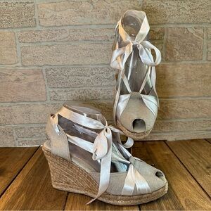 Montego Bay Club Women’s Beige Silver Wedge  Peep Toe Ankle Tie Sandal / Size 7